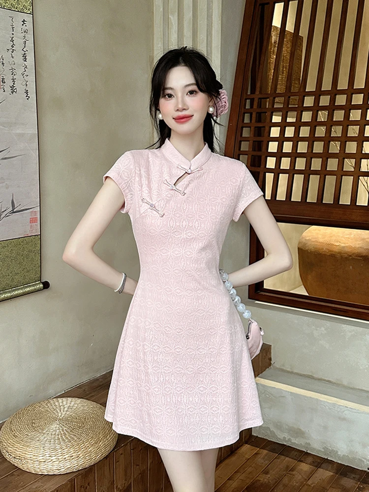 Neue Chinesische Sle ort Sve Button Dr frauen Sommer Abnehmen Blumen Druck Hohe Taille ort Dr Faionable Pendeln