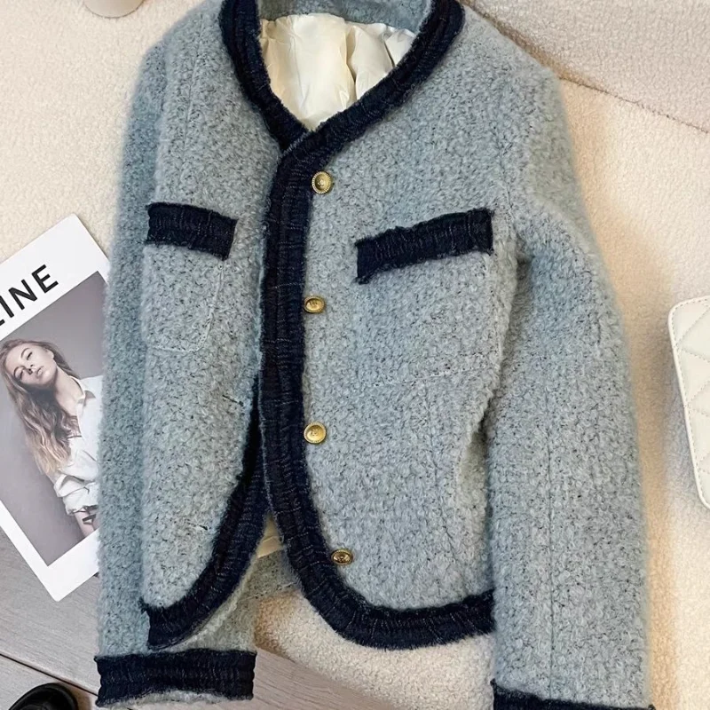 Blue Spliced   French Small Fragrance Jacket Short Jacket Autumn Winter New Temperament Versatile Top