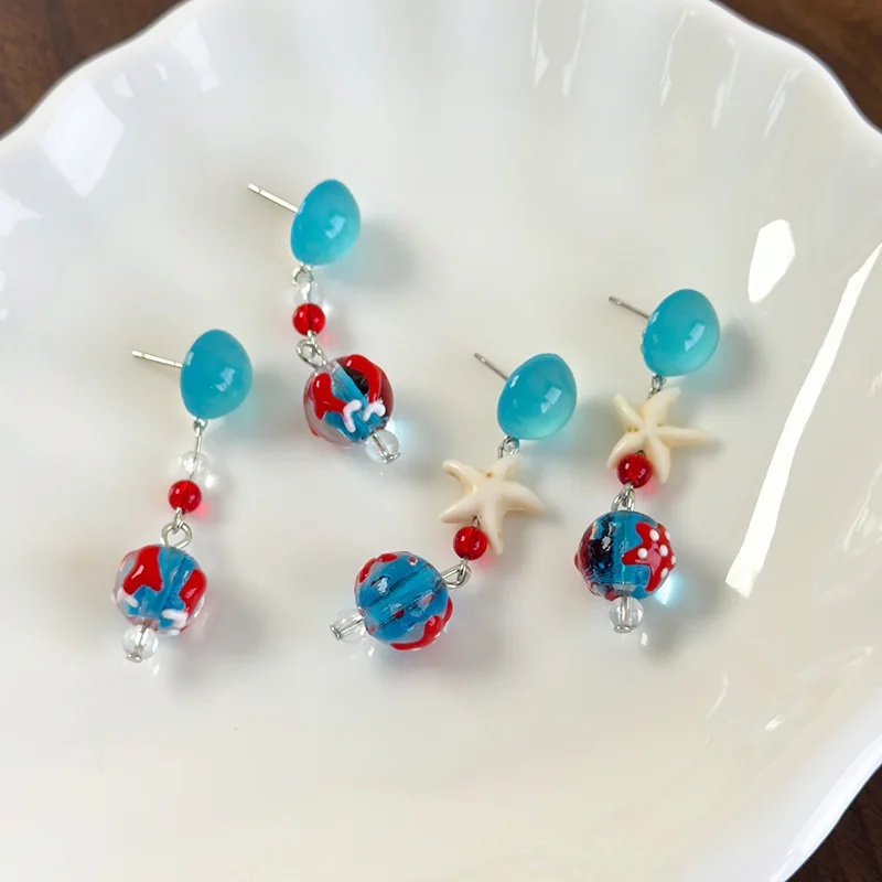 Red Blue Beaded Seastar Drop Earrings Vacation Beach Sweet Clear Design Niche Lightweight Delicate Jewelry for Women Accessories