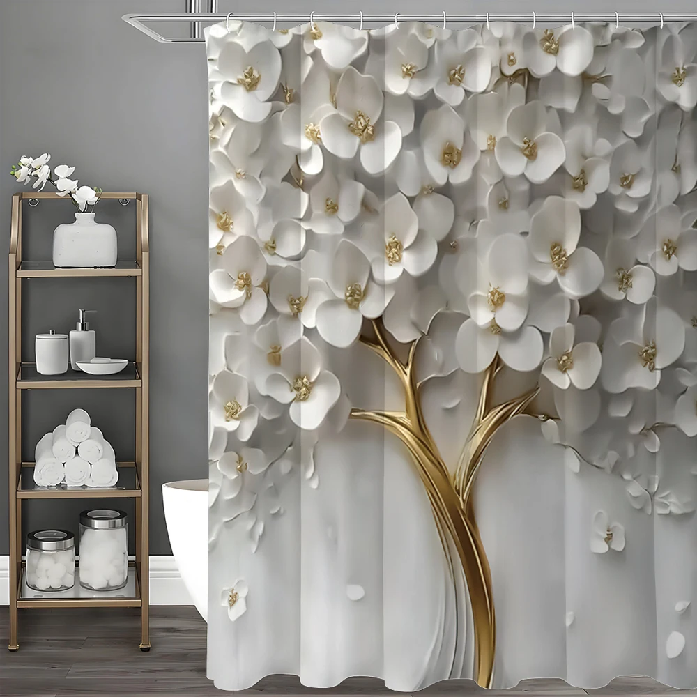 

White Floral Shallow Relief Shower Curtain, Bathroom Decorative Shower Curtain, Waterproof Shower Curtain with Hooks