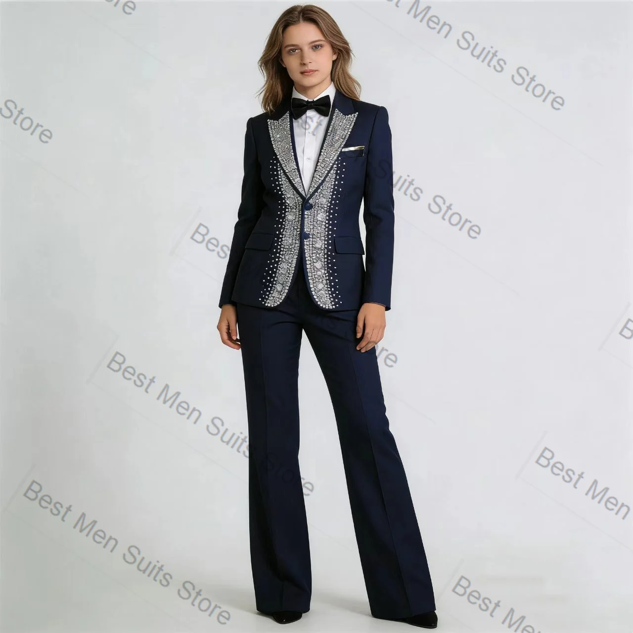 

Navy Blue Women Suit Set 2 Pcs Blazer Pants Trousers Crystals Cotton Formal Office Jacket Customized Wedding Tuxedo Guest Coat