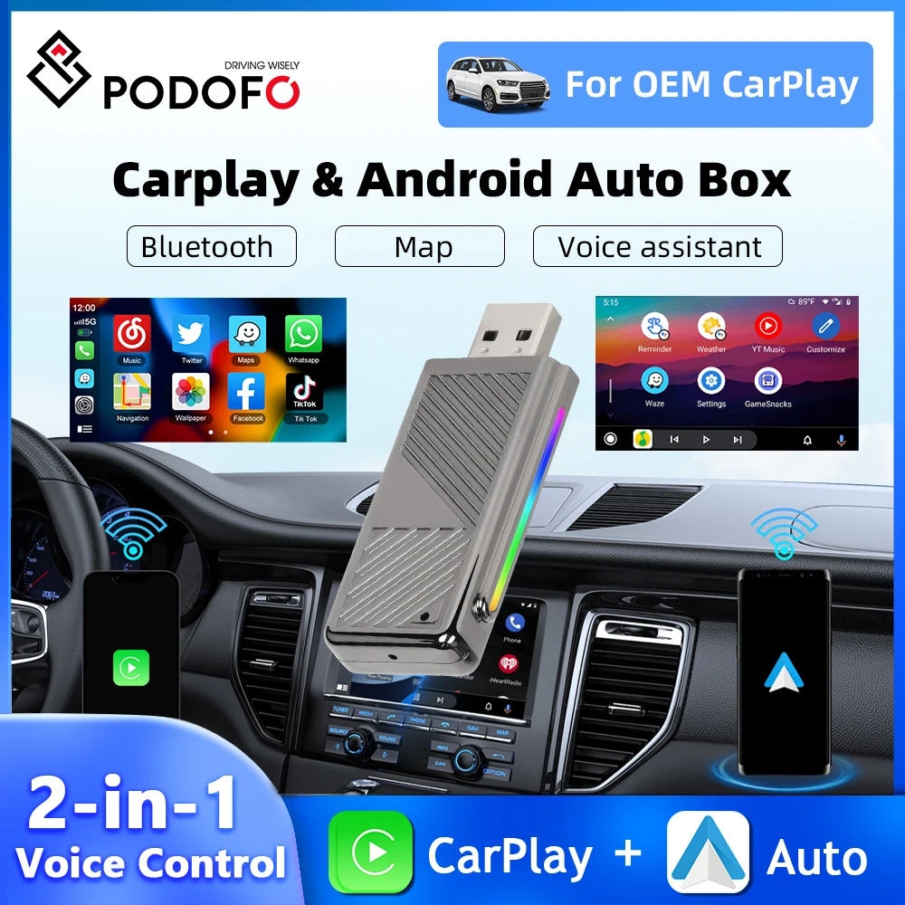 Podofo 2-in1 Wireless Carplay Box Android Auto Box Voice Assistant Android Auto Adapter Carplay Adapter WIFI Plug&Play Bluetooth