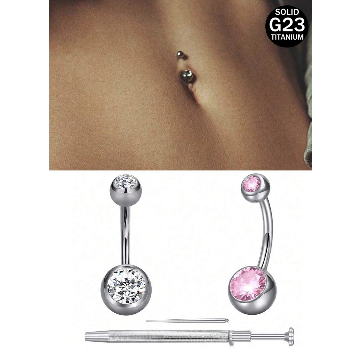 3pcs G23 Titanium Navel Rings Silver Internal Threaded Belly Button Rings 14G Piercing Jewelry Women's Long Navel Rings