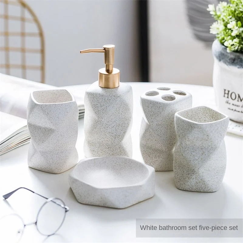 Luxury Bathroom Ceramic Five-piece Set Mouthwash Cup Toothbrush Holder Bathroom Accessories Geometric Lotion Bottle Soap Dish