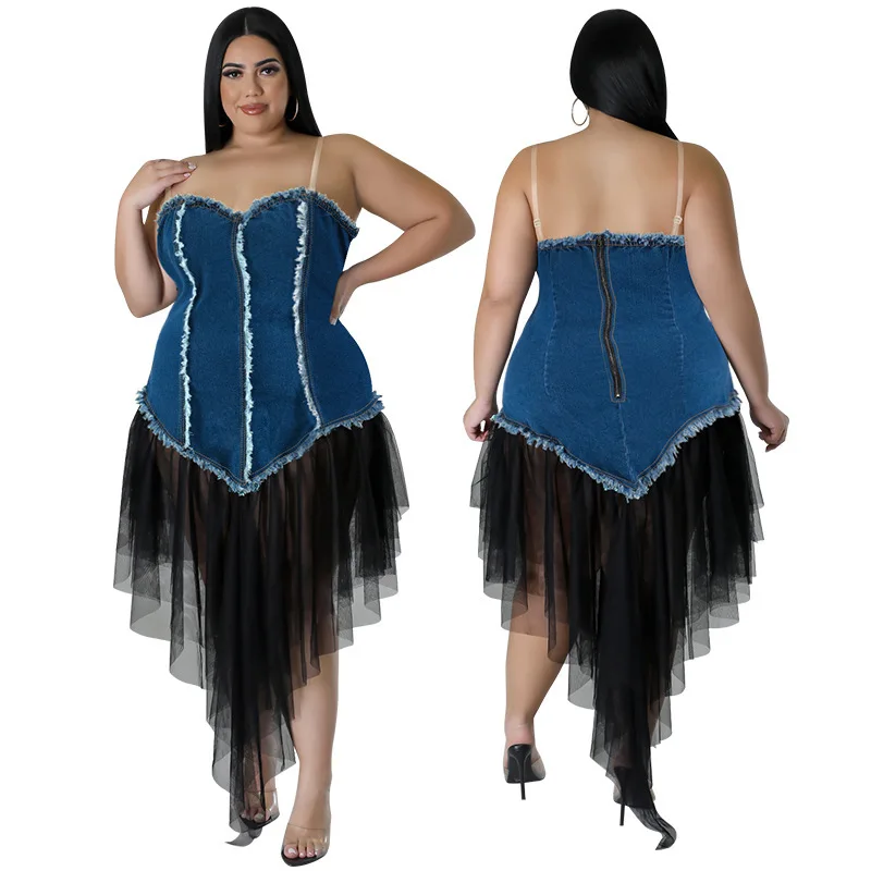 218376   Plus Size Hemdje Eendelige Kraag Dames Denim Gesplitste Mesh Jurk Batch 2025 Feest Zomer Elegantes Casual Y2k
