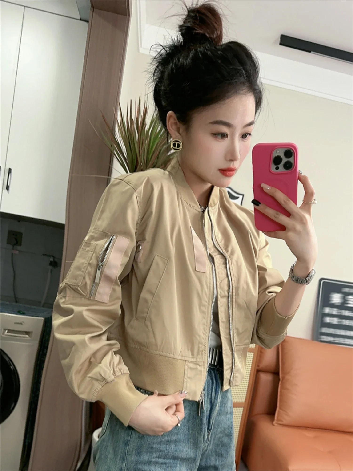 Baseball Aviator Coat Woman Zip-up Khaki Short Spring Autumn Bomber Jacket for Women Casual Youthful Korean Style New Products