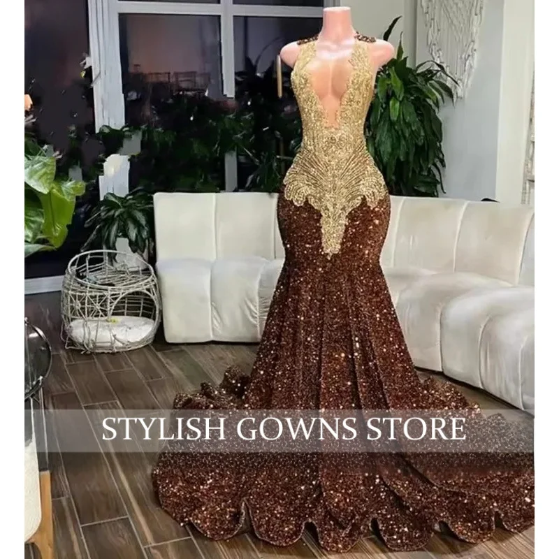 

Glitter Brown Prom Dresses 2025 Sequins Crystal Mermaid Party Gowns Rhinestones Long Birthday Dress Black Girls Robe Customized