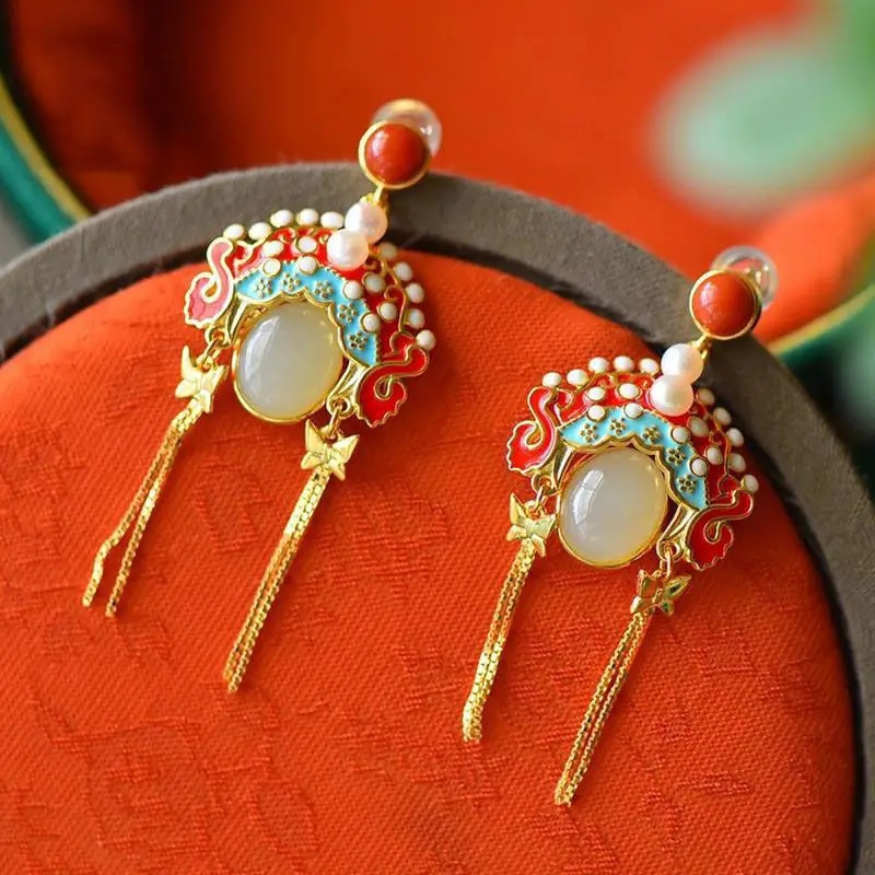

New gilt inlaid oval natural Hetian Yunan red tourmaline pearl earrings exquisite luxury girls silver jewelry
