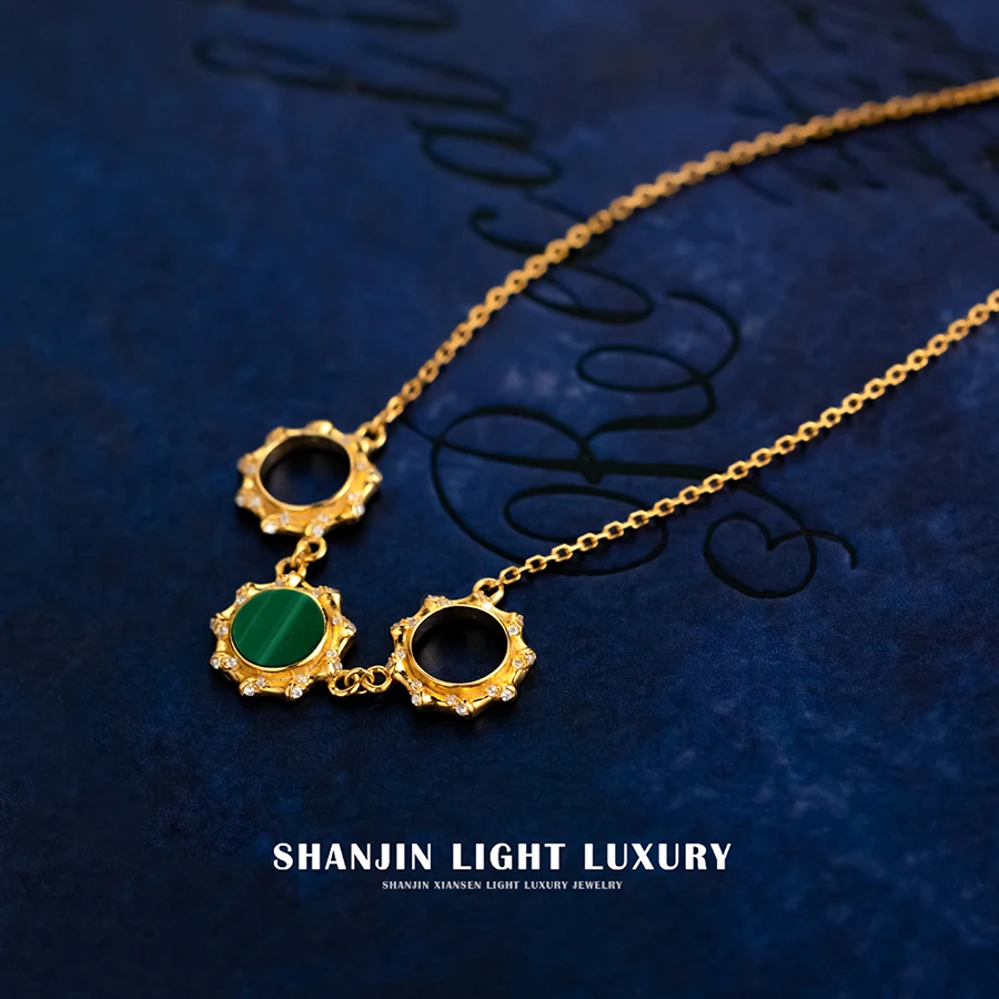 

Natural Malachite Necklace Women's Sterling Silver Temperament Neck Chain Niche Design Collarbone Chain