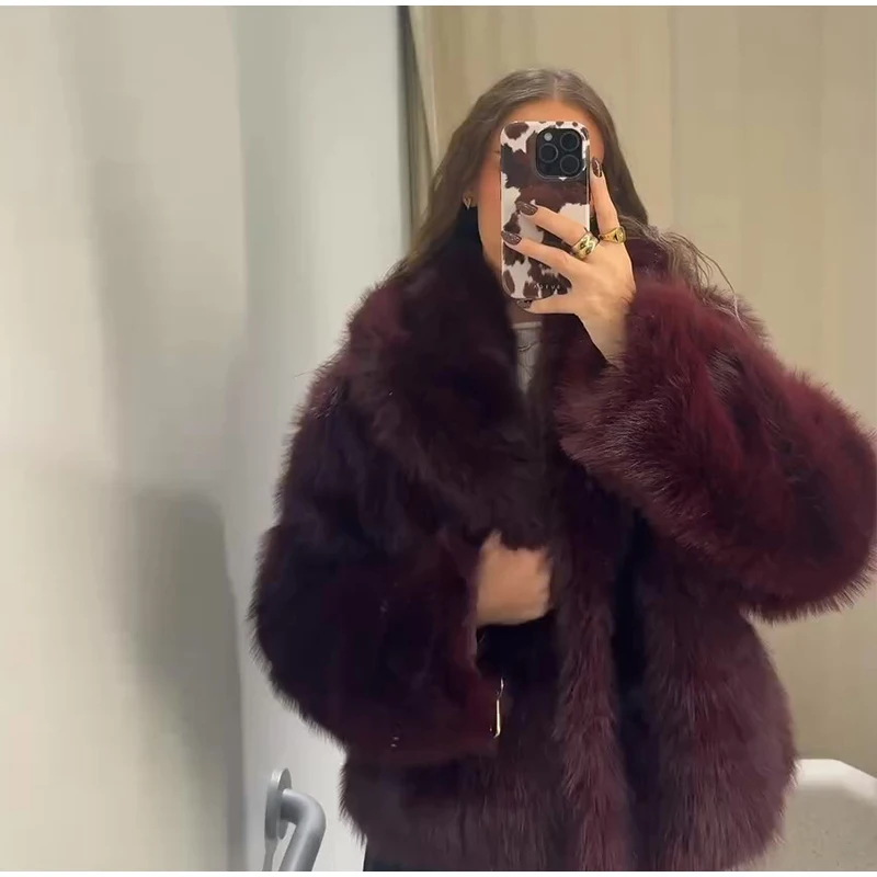 Elegant PU Fur Patchwork Jacket Women Loose Detachable Collar Lapel Double Breasted Jackets Female Fashion Winter Warm Outwear