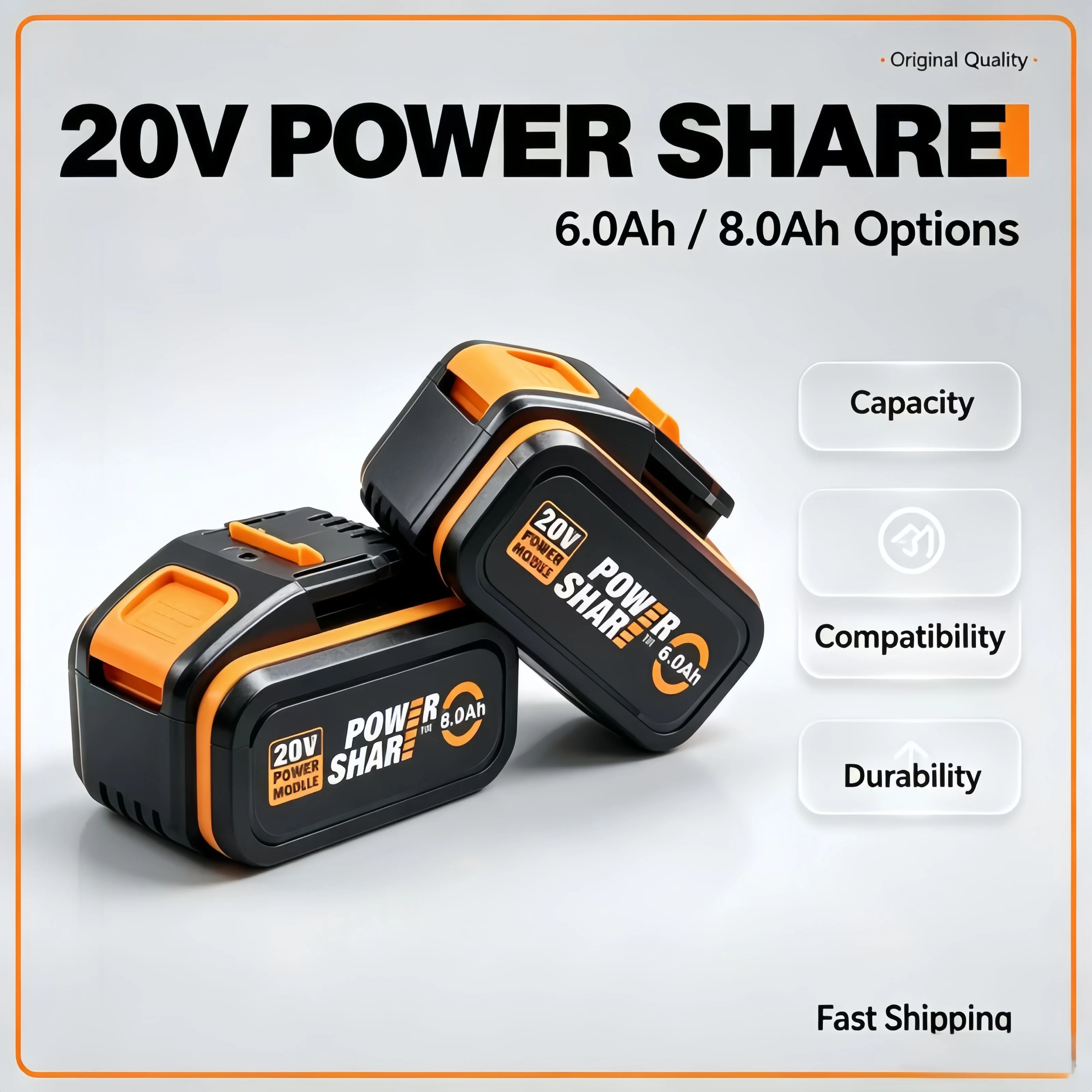 Original WORX 20V 8Ah Fast Charge Battery WA3551 WX390 WG629, Stable High Output Lithium Battery for Outdoor Cleaning Tools