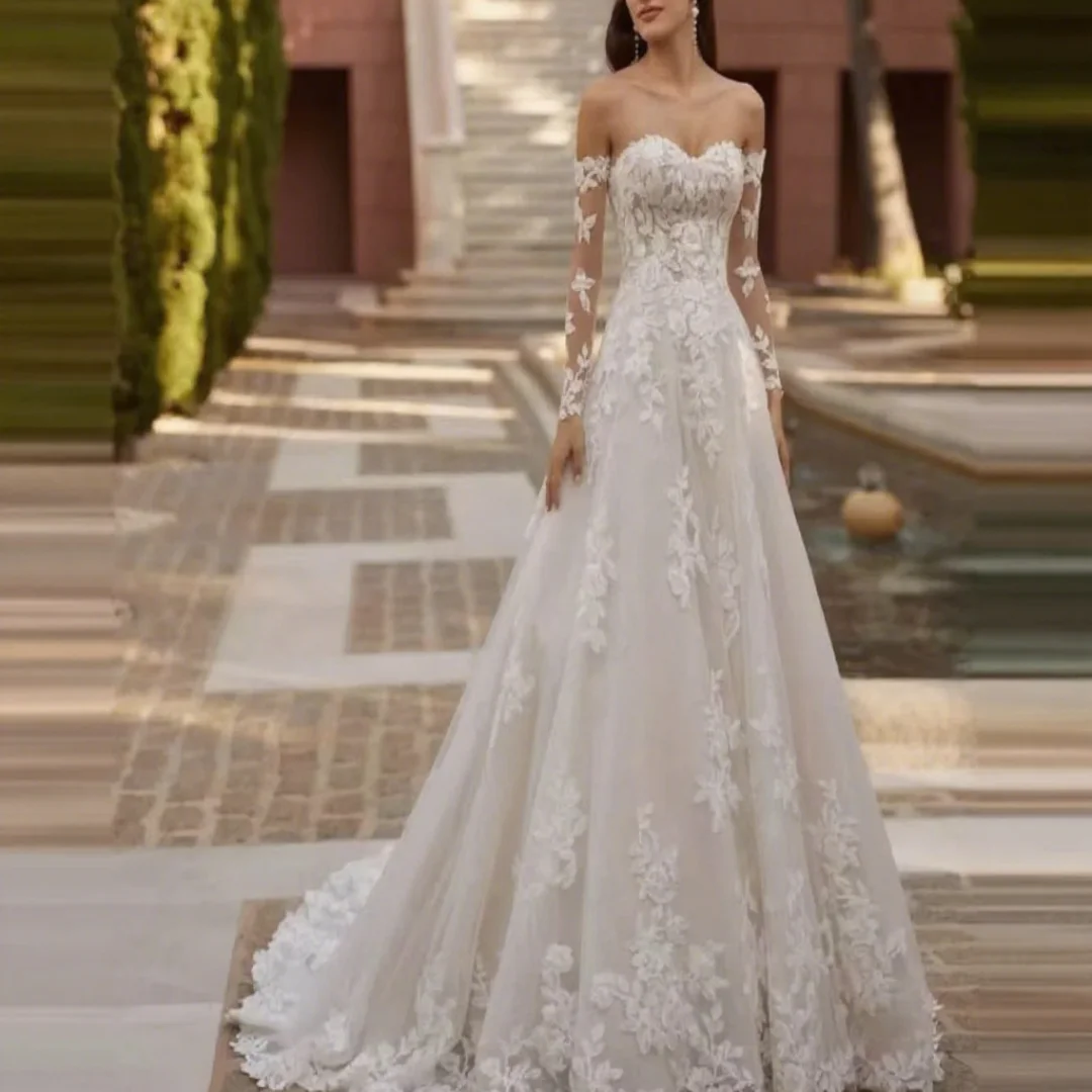 

Customized luxurious applique wedding dress - long-sleeved, off-shoulder, sheer fabric bridal formal dress suit