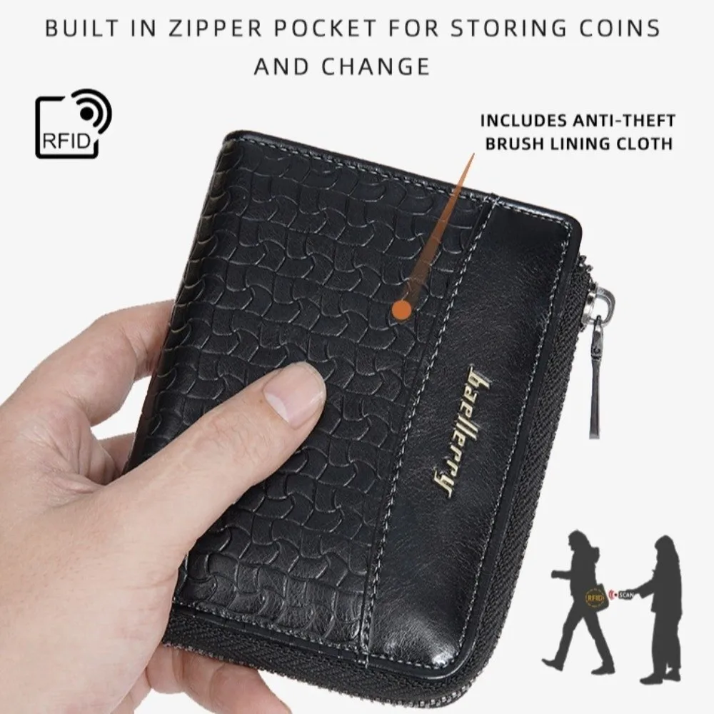 Leather Men's Short Wallet Zipper Card Bag Urban Recreational Style Anti-theft Cash Bag ID Badge Holder English Letter