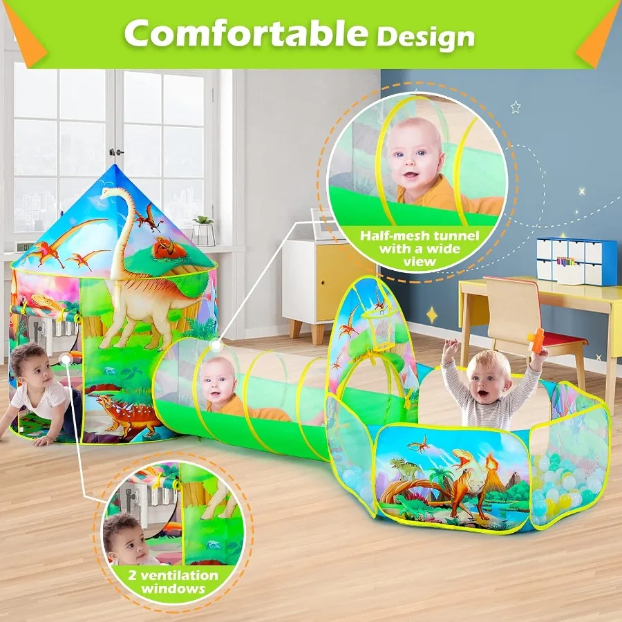 3-teiliges Dinosaurier-Zelt für Mädchen mit Bällebad-Spielzelten und Krabbel-Tunnel für Kleinkinder, rosa Pop-Up-Spielhaus-Spielzeug für Babys und Indooran
