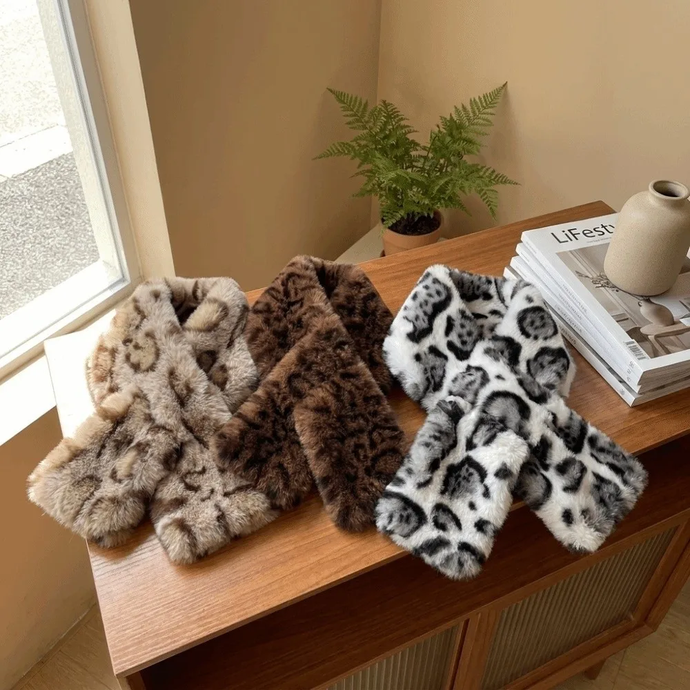 Vintage Thicken Faux Rabbit Fur Scarf Material Lightweight Leopard Print Neckerchief Warm Windproof Neck Wrap Winter