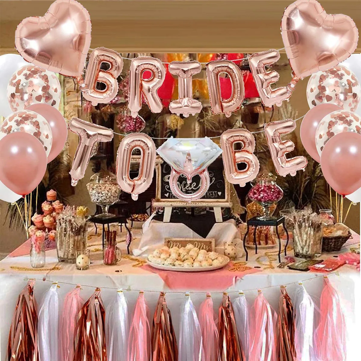41-teiliges Roségold-Set mit „Bride to Be“-Ballon, Quasten, Diamantring und Herz-Dekoration für Junggesellinnenabschiede