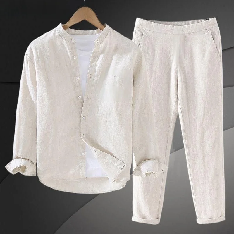Lightweight Long Sleeve Linen Shirt Casual White Stand Collar Men's Spring Summer Two-Piece Set Breathable Comfortable Cotton...