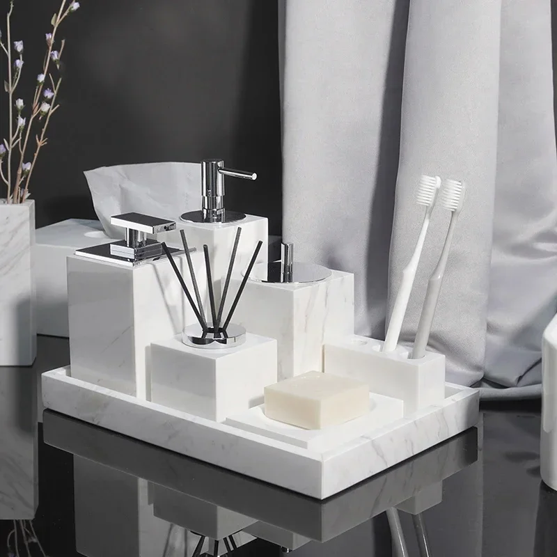 Volakos White Natural Marble Bathroom Set Soap Dispenser Soap Dish Reed diffuser Tissue Box Vanity Tray Bathroom Accessories