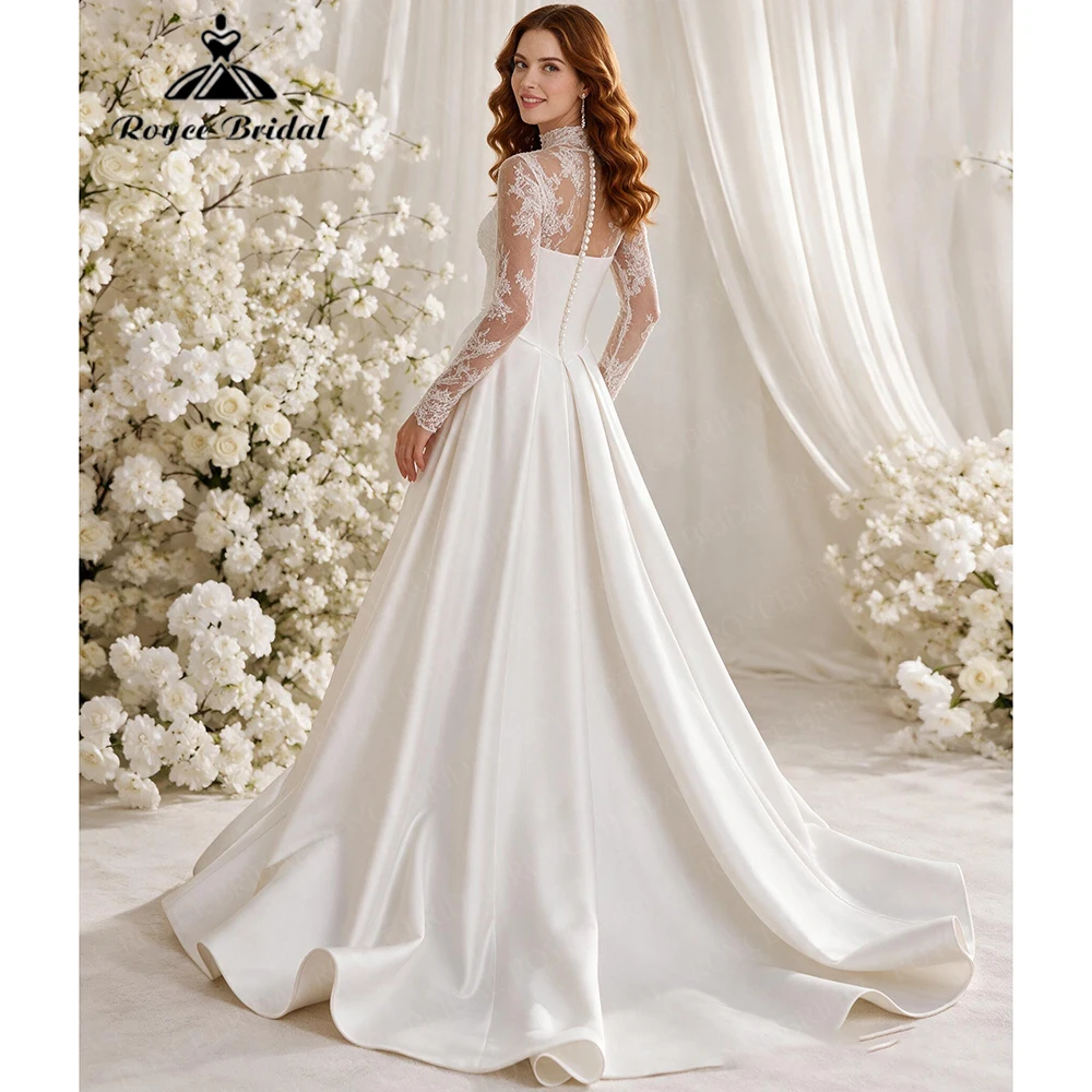 Roycebridal Elegant Flowers Lace A Line Wedding Dresses 2027 Pleated Satin Beach Bridal Gown Customized vestido de novia