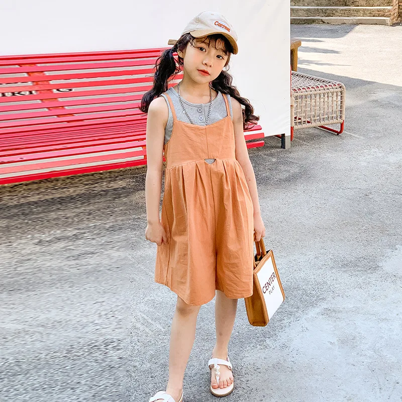 

Korean Summer Junior Girl 2PCS Clothes Set Teenager Girl Breathable Vset+Solid Suspender Shorts Sets Girls From 4-12 Years Old