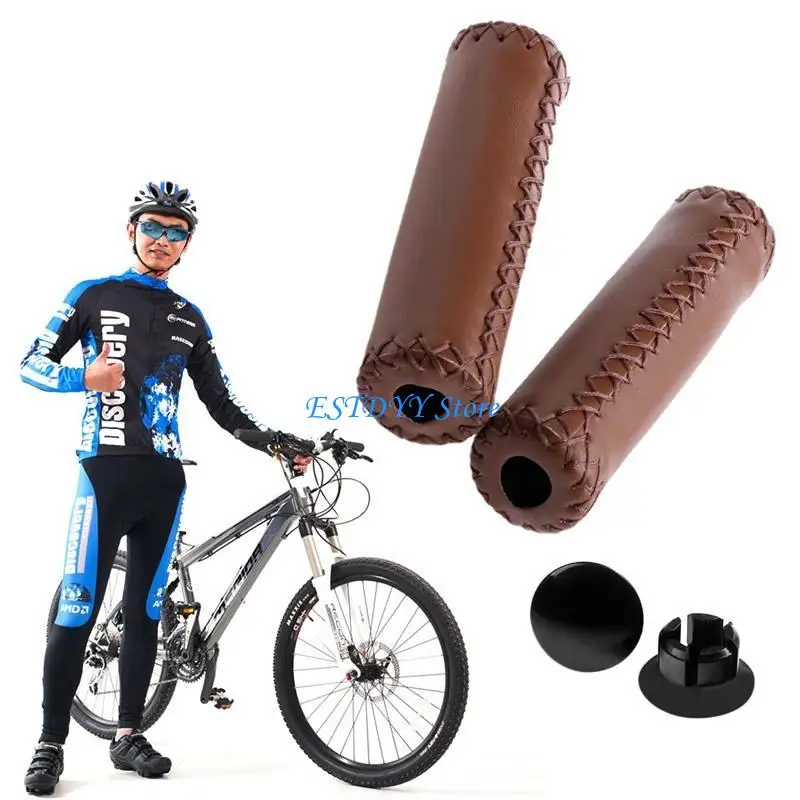 G6DE MTB BMX Road Mountain Bike Cycling Stitched Leather Handlebar End Grips