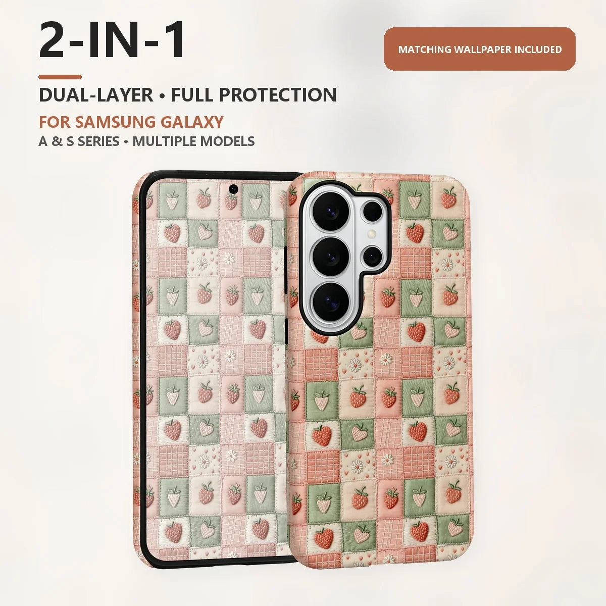 Embroidered Strawberry Patchwork 2-in-1 Dual-Layer Phone Case for Samsung Galaxy S26 S25 S24 A56 A17 A16 A15