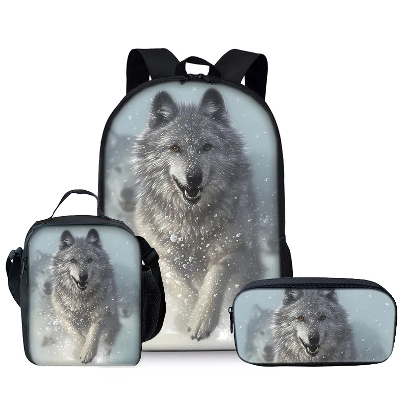 Trendy Popular Novelty wolf 3D Print 3pcs/Set Student School Bags Laptop Daypack Backpack Crossbody Lunch bag Pencil Case