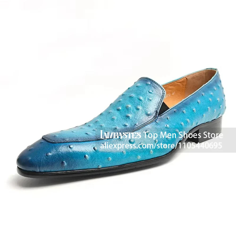 Blue Ostrich Embossed Slip On Loafers Gradient Burnished Genuine Leather Dress Loafers Bright Blue Texture Wedding Dress Loafers