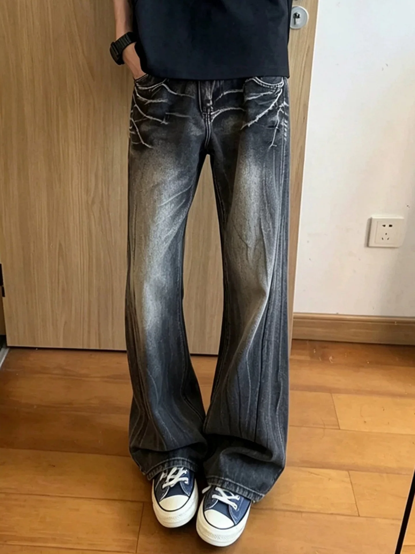 Cleanfit Men's Straight Leg Jeans Black Lightning Bolt Pattern High Street Design Micro Flare Denim Pants Fashionable Urban Wear
