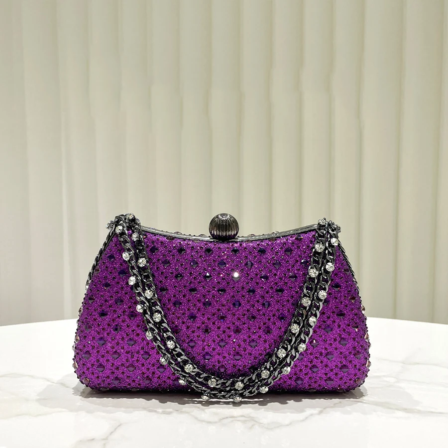 Fine Rhinestone Diamond Inlay Dinner Evening Bag Retro Luxury Purple Small Clutch For Women Wedding Party Shoulder Bag Bolsa Sac