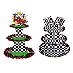 3 Tier Cartoon Racing Car Game Party Cake Display Stand Chessboard Grid Cupcake Rack Holder Birthday Party Cake Tray Decoration