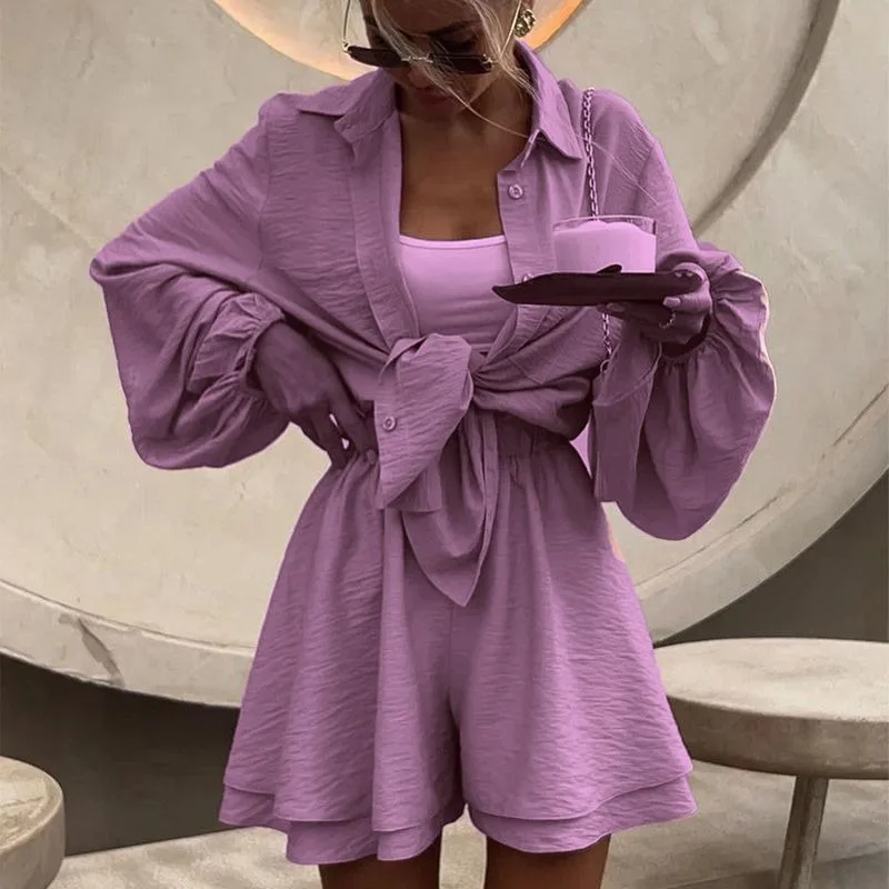 Europe, America 2026 Spring Fashion Thin Women's Clothing Long-sleeved Top Ruffle Edge Shorts Casual Suit