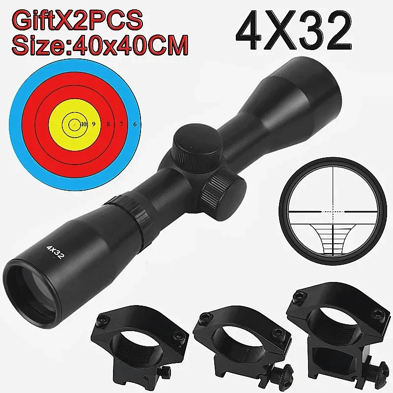 Tactical Hunting Optical 4x32 Airsoft Optical Rifle Scope Sight with Rail Mount Rifle Telescope Double Crosshair Sight Shooting