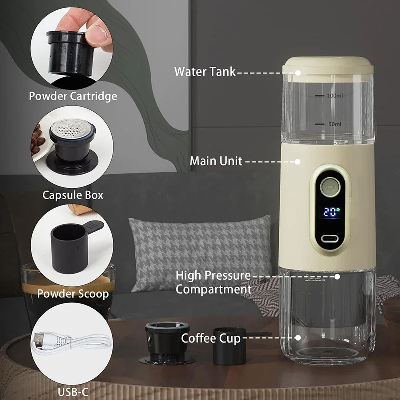Portable Espresso Machine 2 IN 1 Wireless Pressure Mini Coffee Maker for Travel Hiking Office Auto Shut-Off and Silent Operation - view 4