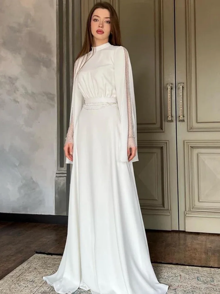 Robe de Soirée Longue en Jersey avec Ceinture Plissée et Col Haut, Tenue Classique Simple, de Haute Qualité, à la Mode, Style Moderne, Sexy