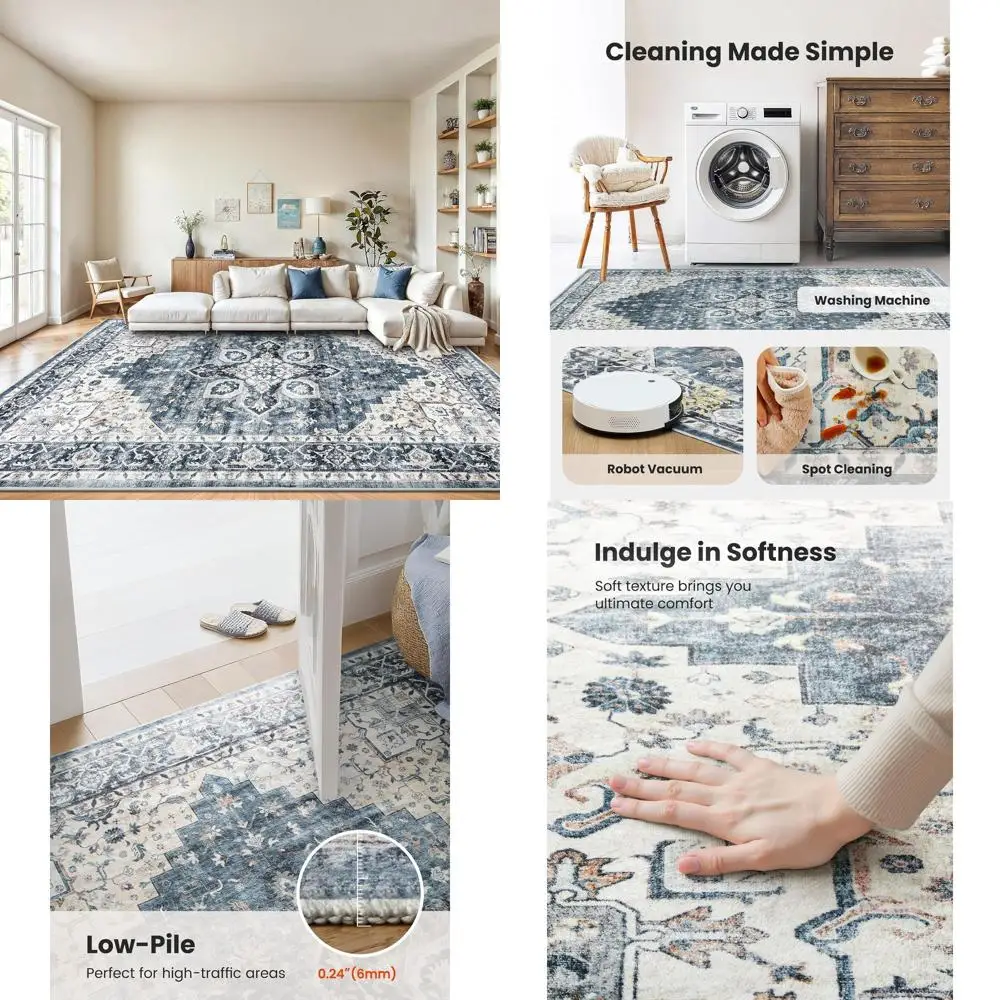 

Ковер 8x10 в винтажном стиле, моющийся, с низким профилем и нескользящим основанием, идеально подходит для гостиной, столовой и спальни