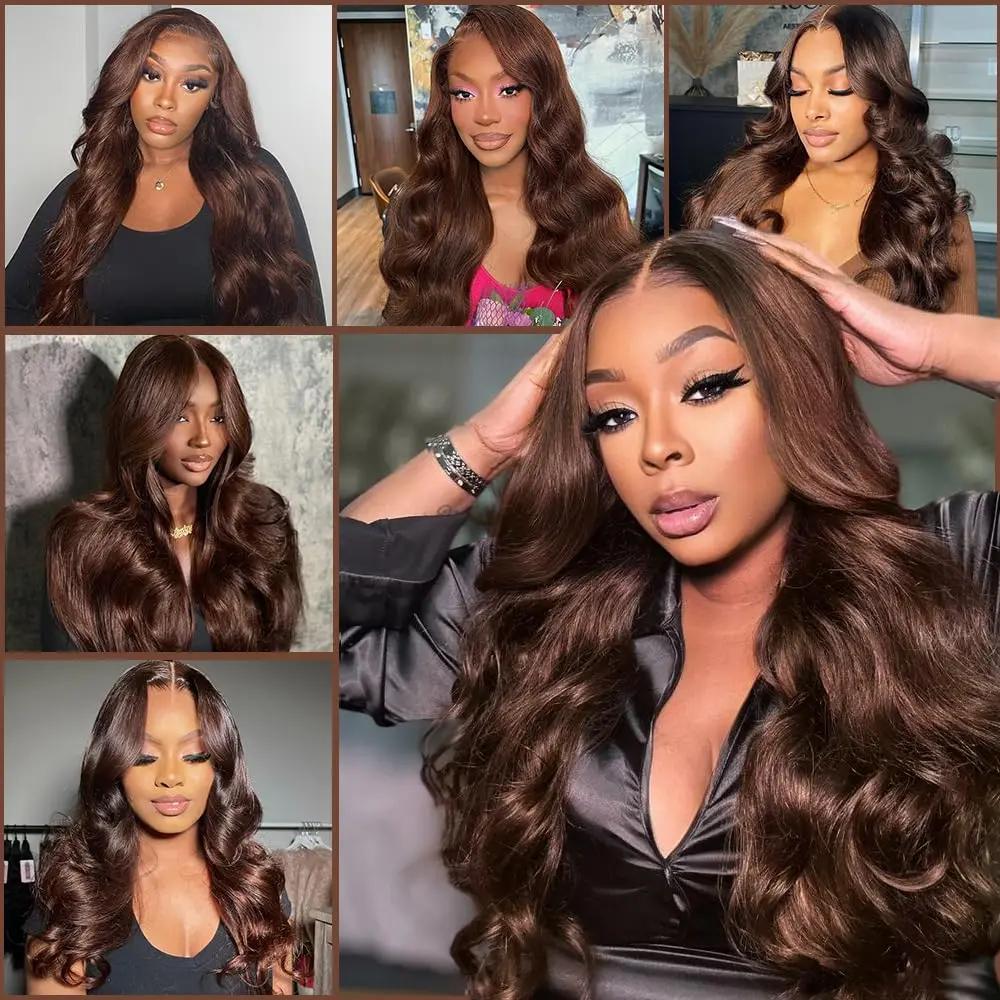 Chocolate Brown Body Wave 13x4 Transparent Lace Front Human Hair Wigs 200 Density 4 Colored Brown Body Wave Wigs Human Hair