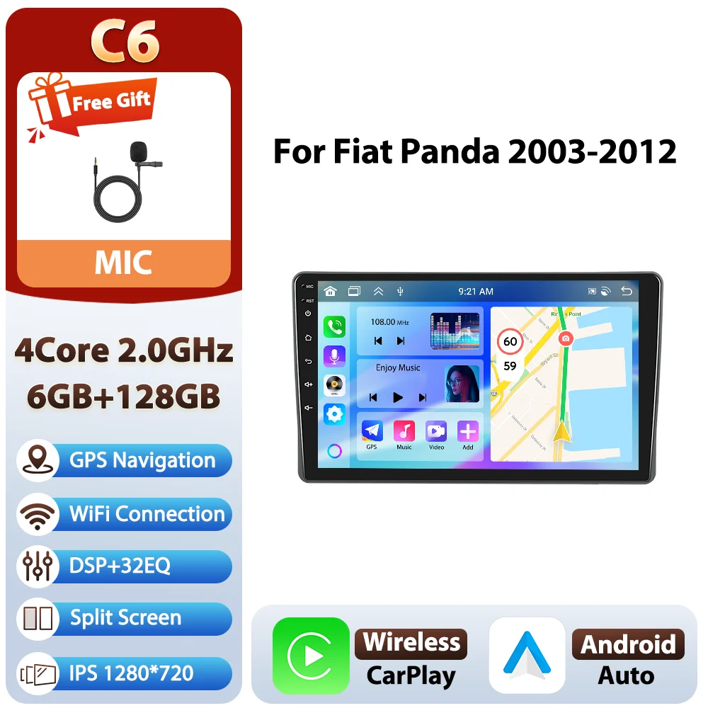 Podofo Android 9 inch 8-core 8+128GB autoradio voor Fiat Panda 2003-2012 met 4G WIFI, multimediaspeler, GPS, AM/FM/RDS