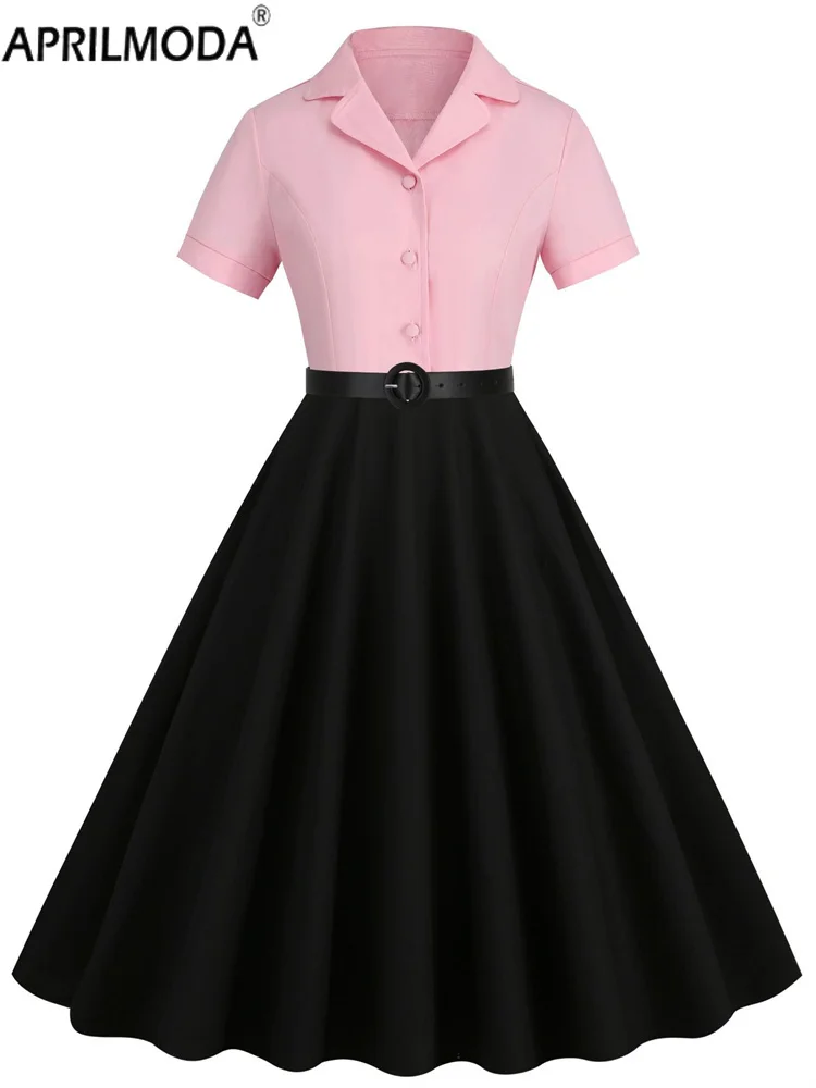 Elegant Black Vintage Summer Runway Pinup Dresses with Belt V Neck 50s Style A Line Patchwork Plaid Print Solid Short Prom Dress