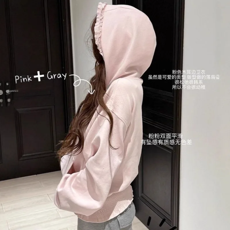 Lace Y2K Pink Hoodie Sweet Women Ruffle Hooded Sweatshirt Korean Fashion Loose Top Spring Autumn Casual Streetwear Jacket New