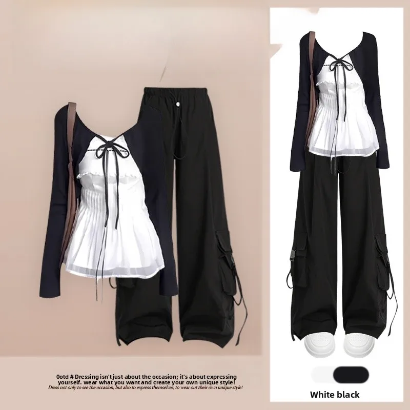 

American Style Autumn New Vintage Women's Slim Fit Top And Wide Leg Pants Three Piece Set Draping Sense Bow Tie Slimming Effect