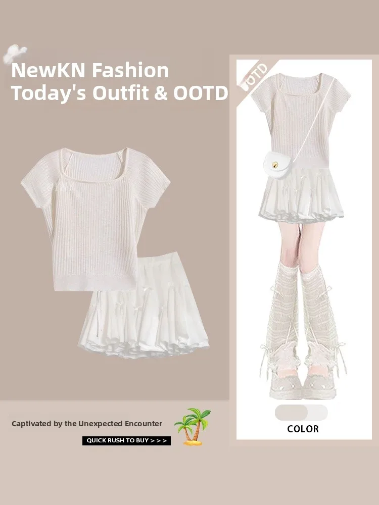 

Sweet Sle ort Sve Knitted T-irt Top And Skirt Two Piece Set Design Sense Quali ort Length with Belt for Women