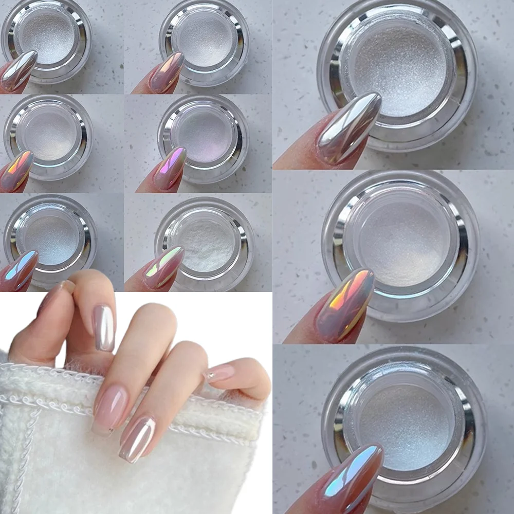 Polvo de Uñas Blanco Luz de Luna 0.2g/1Tarro, Pigmento Cromado Efecto Espejo Aurora, Polvo de Perla de Alto Brillo para Salón de Uñas
