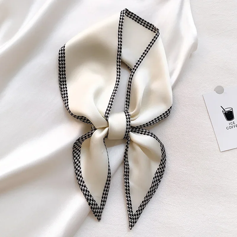 New Style Houndstooth Print Thin Narrow Long Decorative Scarf Women Bag Ribbon Wrist Imitation Silk Fashion Scarves Female