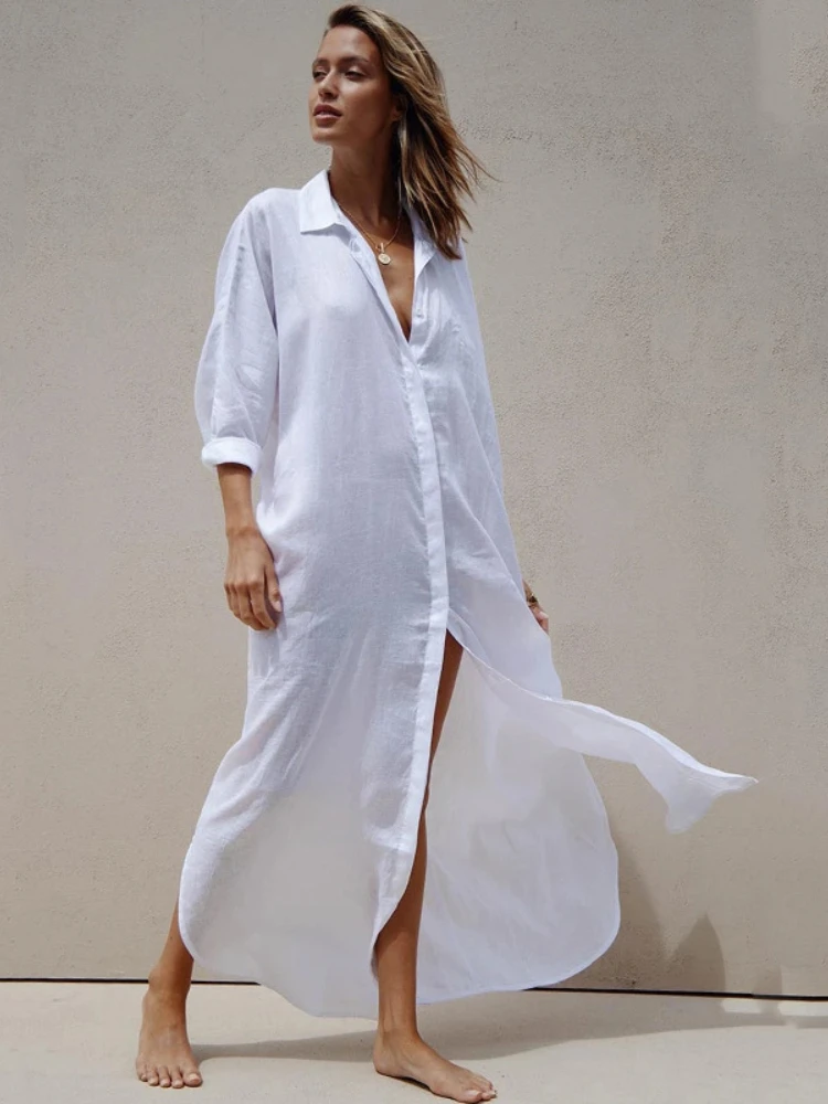 Women Beach Dresses White Shirts Tunic Summer Loose Swimsuit Cover Up Swimwear Long Sleeve Beachwear