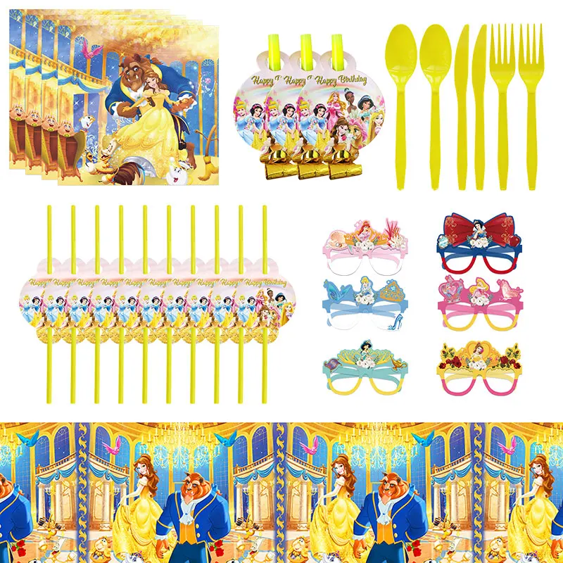 Disney Beauty And The Beast Birthday Decorations Belle Princess Birthday Party Supplies Balloon Backdrop Banner Tableware Kit