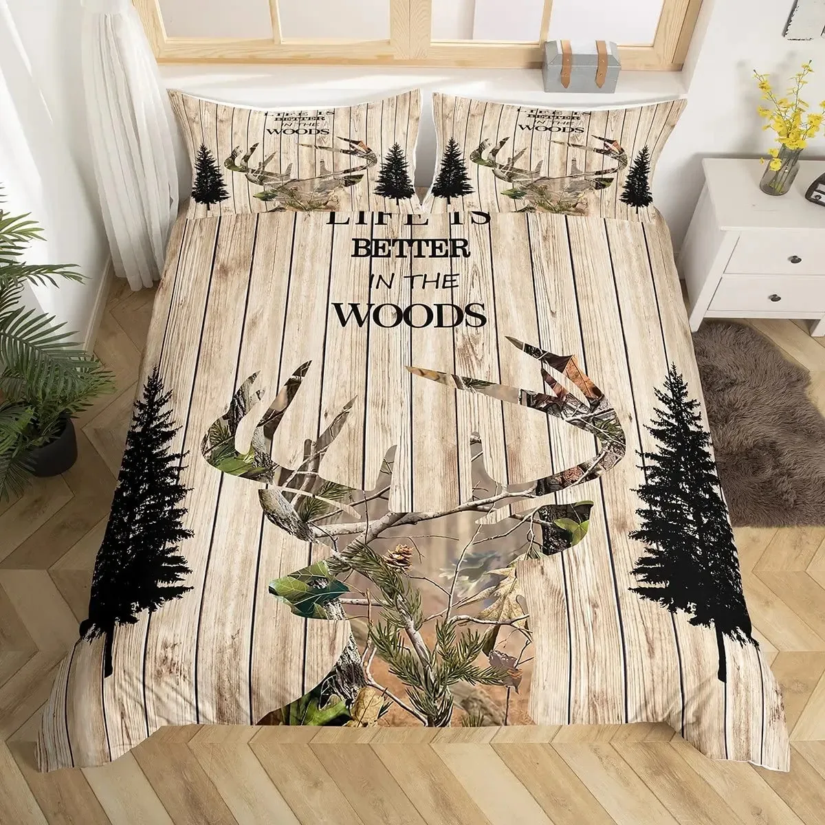 

Deer Silhouette Duvet Cover Set Deer Antlers Bedding Set Rustic Wooden Plank Comforter Cover Farmhouse Trees Leaves Quilt Cover