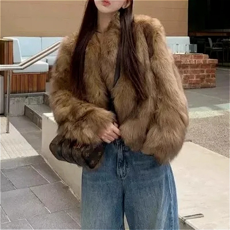 Women Faux Fur Short Coats Jackets Stand Collar Coat Thick Warm Y2k Streetwear Jacket Elegant Work Outerwear Autumn Winter