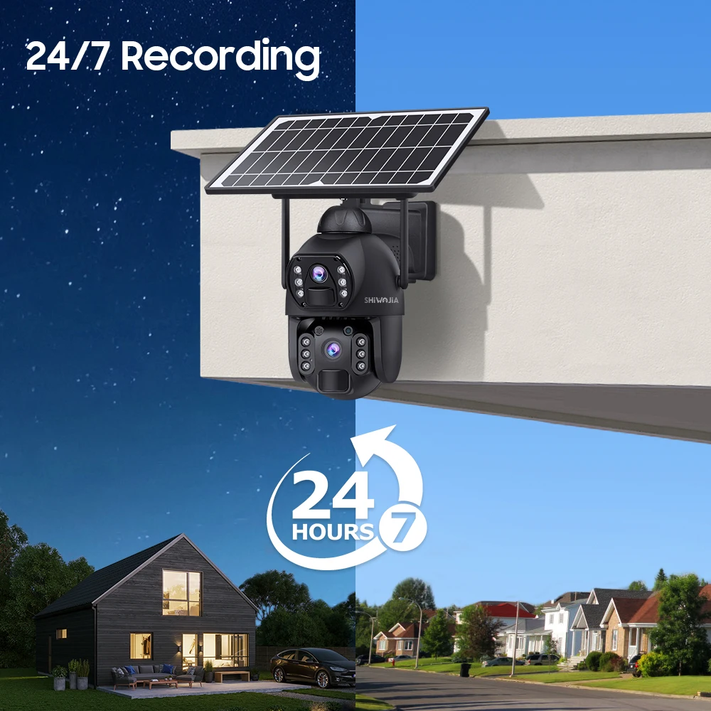 SHIWOJIA 8MP 4G Solar Security Camera 24/7 AOV Continuous Recording PIR Human Detection Color Night Vision IP67 Outdoor WIFI Cam