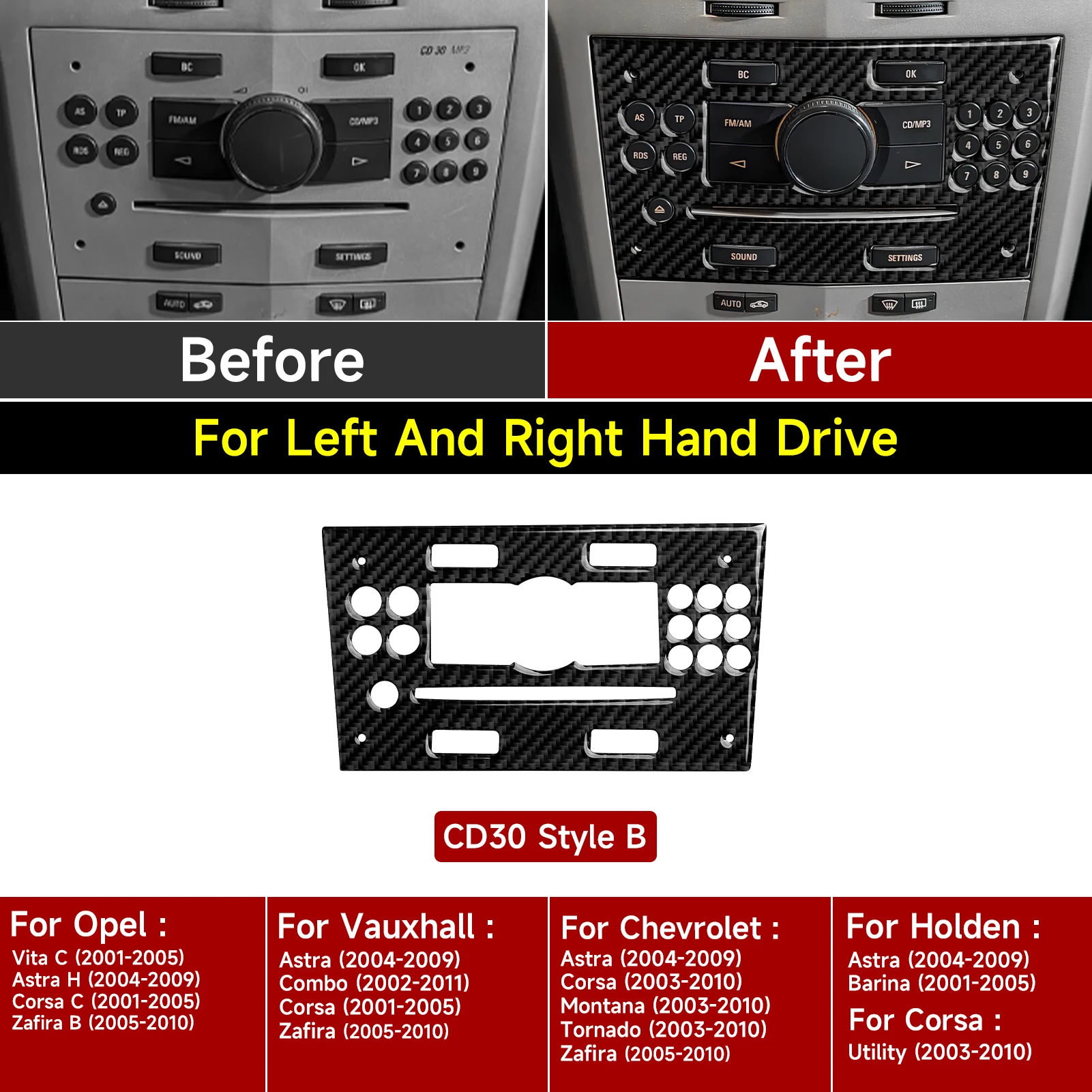 Pegatina interior de fibra de carbono. Panel de CD MP3 para consola central de coche. Para Chevrolet Astra Corsa Montana Tornado Zafira CD30